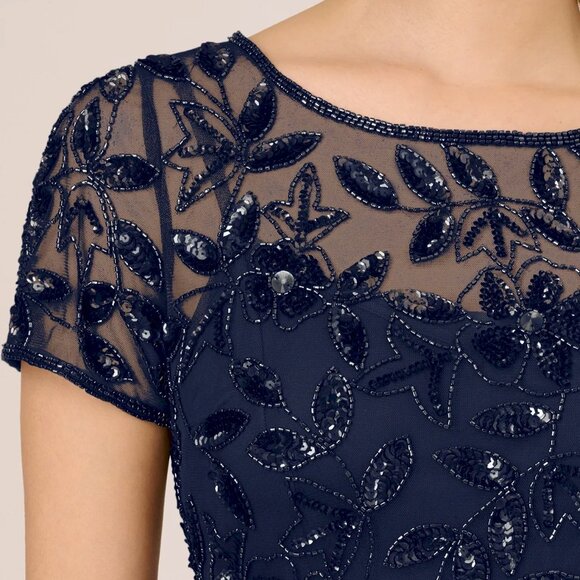 Adrianna Papell Beaded Short Sleeve Floral Godet Gown Midnight Navy Size 0 NWT - Picture 4 of 14